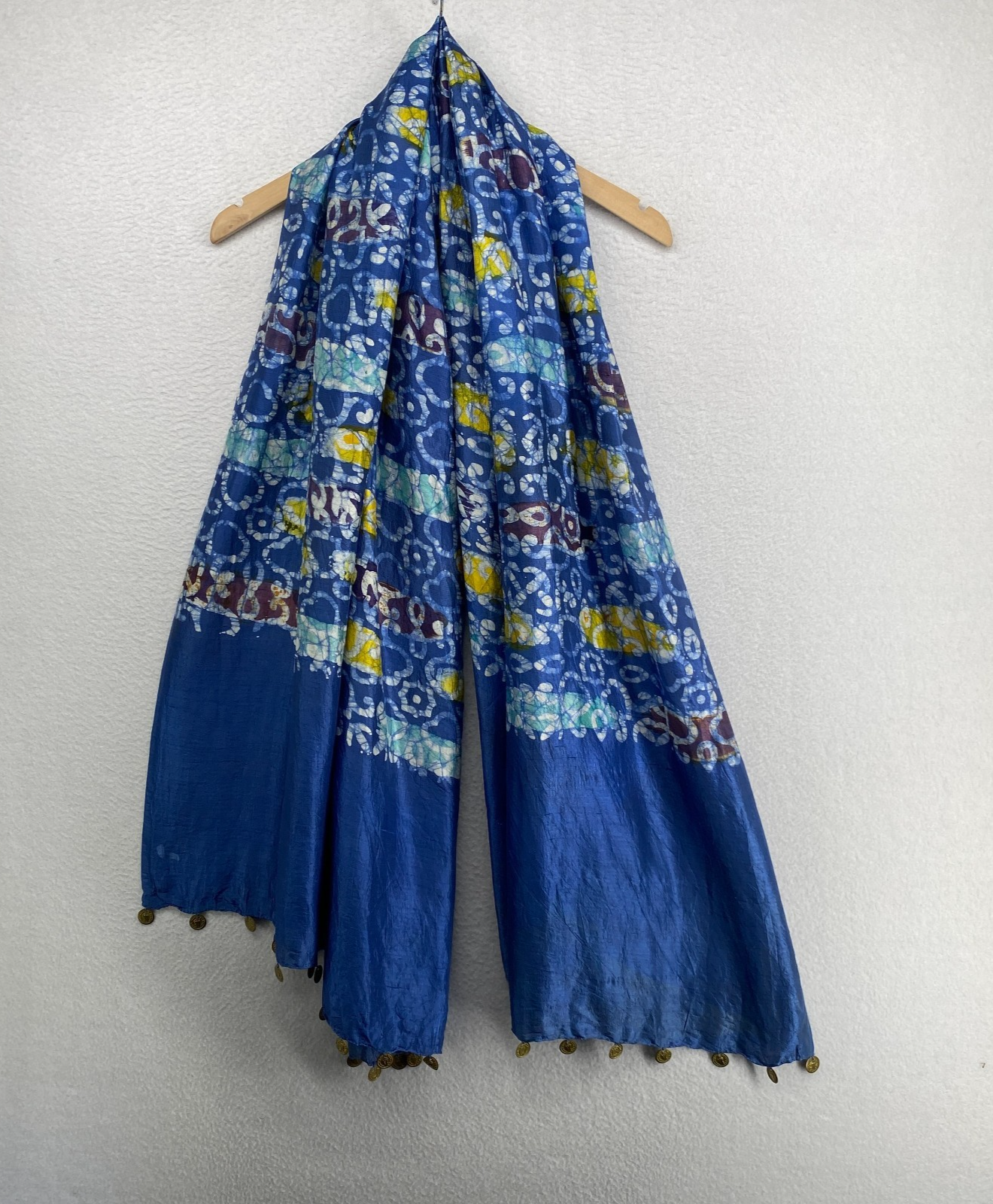 Jaipur Scarf Silk Dupioni Tie Dye Rupee Coin Trim Bandhani Dupatta Shawl Blue